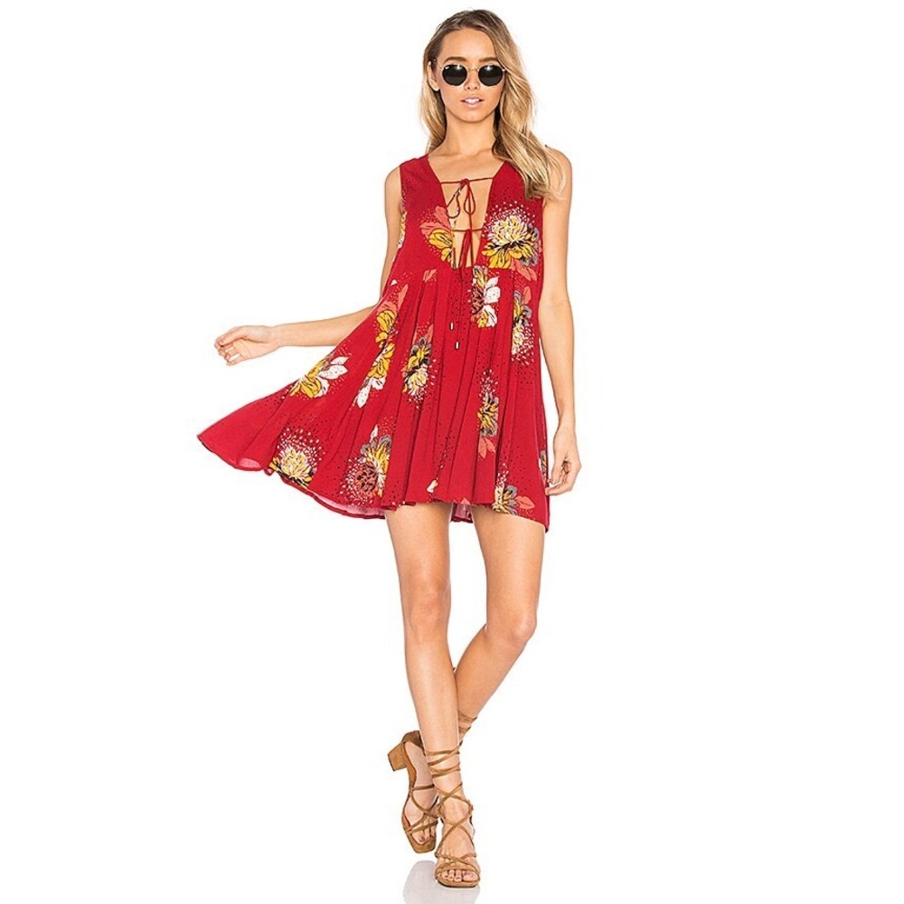 Free People Counting Daisies Red‎ Floral Mini Dress Sleeveless Open Back XS